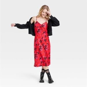 A NEW DAY Ruched‎ Slip Dress Red Sexy Floral Whimsigoth Fairy V Neck Black Large
